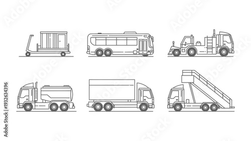 Airport Vehicle Collection: A minimalist illustration showcases a fleet of essential airport vehicles, each precisely rendered to highlight the form and function of the ground support equipment.