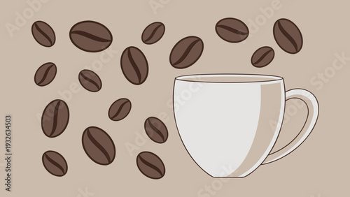 a brown coffee cup with beans on a textured cafe wallpaper design for a breakfast drink background