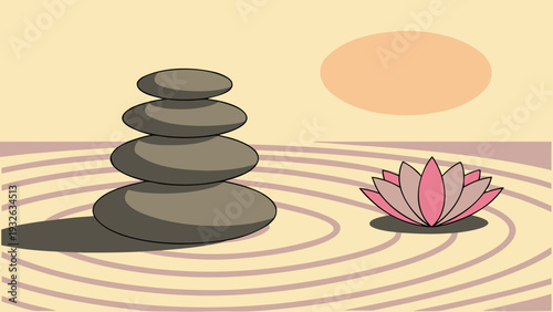 A serene stack of black zen stones and a lotus flower reflect perfect balance and harmony for spa wellness and meditation