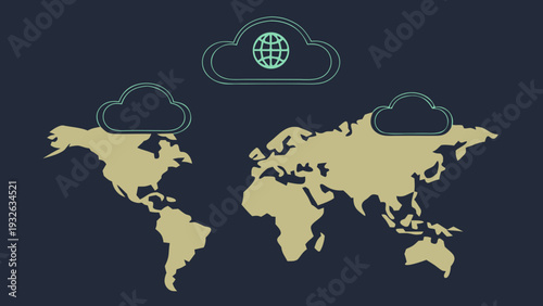 A detailed global world map and globe with cloud data concept