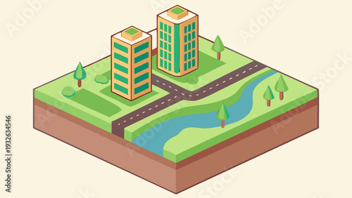 Isometric 3d vector illustration of a green energy plant and urban building set featuring a modern city map with trees and sustainable architecture design for a business infographic plan