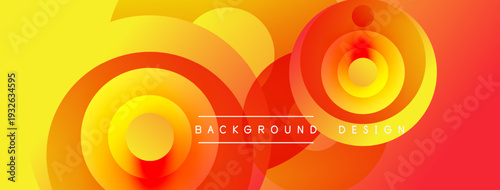Abstract vibrant circles overlap, creating dynamic warm color gradients. Yellows, oranges, reds blend seamlessly. Modern design element.