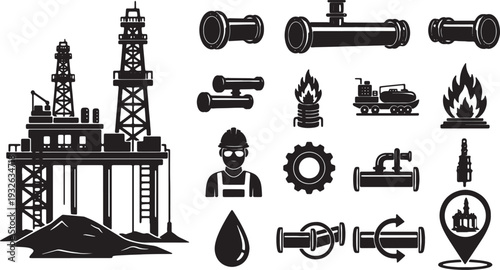 Oil and Gas Industry Vector Icons Set Black and White Silhouettes