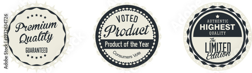 Three black and white stamps with quality and excellence labels