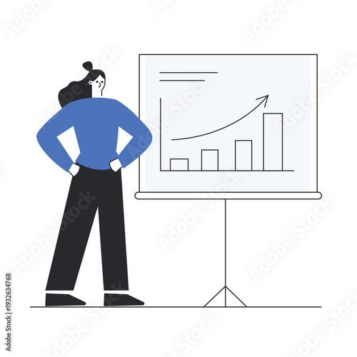 Confident businesswoman standing next to a flip chart showing a rising growth arrow and bar graph vector illustration.