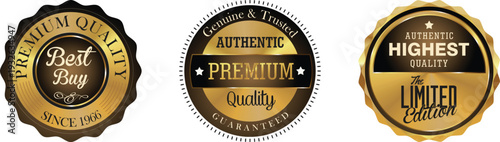 Three gold and black quality seals on a white background