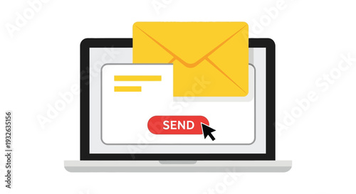 Simple vector illustration depicts sending an email message from a modern laptop computer screen