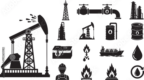 Oil and Gas Industry Icons Black Silhouettes Collection Vector