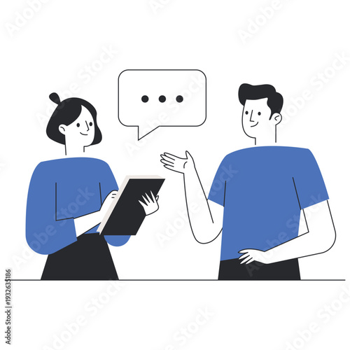 Woman taking notes while man explains a concept in a flat style vector illustration.