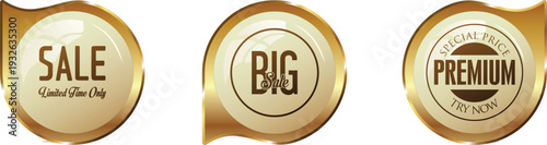 Three gold sale stickers on a white background