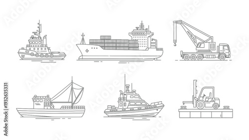 Shipping and Maritime Silhouette Collection: An artistic representation of a variety of vessels engaged in shipping and maritime activities, showcasing the diverse fleet and industry.