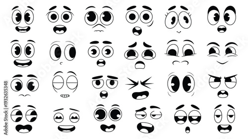 Retro 1930s cartoon faces vector illustration, vintage mascot expressions, eyes and mouths showing different emotions, funny character designs flat style.