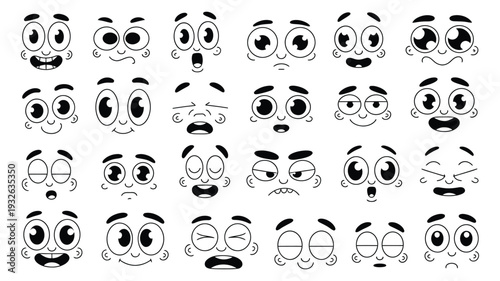 Retro 1930s cartoon faces vector illustration, vintage mascot expressions, eyes and mouths showing different emotions, funny character designs flat style.