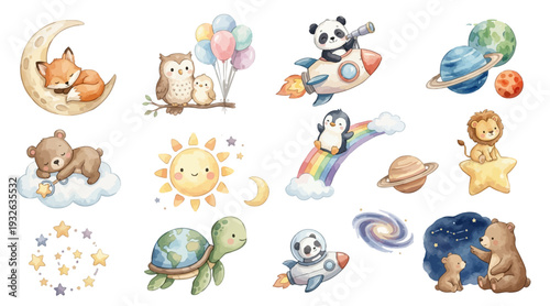 Cute watercolor baby space set with panda rocket, lion star, bears and planets. Collection of Vector illustrations. Perfect for invitation, card, poster, banner, decoration