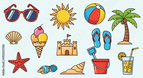 Collection of summer beach elements, including sunglasses, ice cream, and a cocktail.