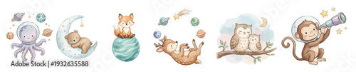 Space nursery clipart. Cute watercolor space nursery set with fox, elephant, bear, koala soft stars. Collection of Vector illustrations. Perfect for invitation, card, poster, banner, decoration