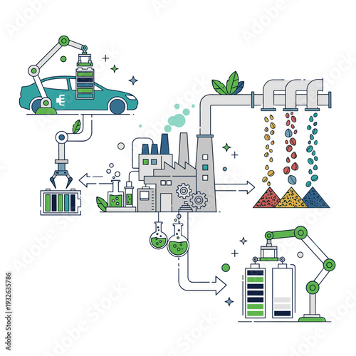 Sustainable EV Battery Recycling Process Vector Illustration