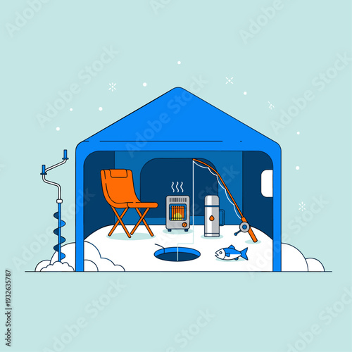 Cozy Ice Fishing Tent Setup Flat Vector Illustration
