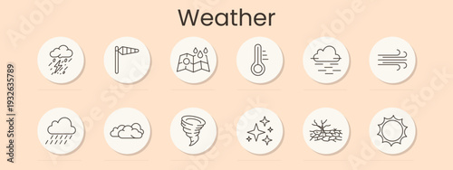Weather set icon. Thunderstorm, windsock, forecast map, thermometer, fog, wind, rain cloud, cloudy sky, tornado, sparkle frost, drought crack, sun, climate, meteorology, season change.