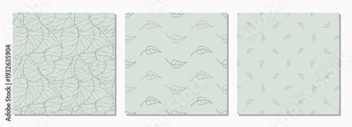 Minimal leaf seamless patterns. Cool mint botanical background set