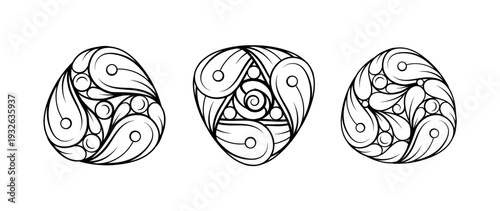 Abstract organic mandala shapes. Swirl decorative circular ornaments in line art