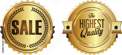Two gold sale and quality seals on a white background