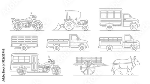 Farm Vehicle Outlines: A collection of various farm vehicles, rendered in precise line art, showcases the diversity of agricultural machinery, from classic tractors to sturdy pickup trucks, trailers.