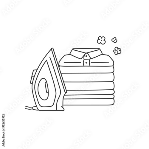 Iron and a stack of clean laundry. Simple hand-drawn vector illustration.