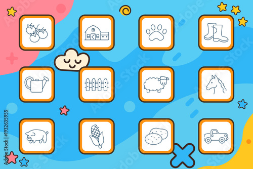 Farm agriculture set icon. Tomatoes, barn house, paw print, boots, watering can, fence, sheep, horse, pig, corn, potatoes, pickup truck.