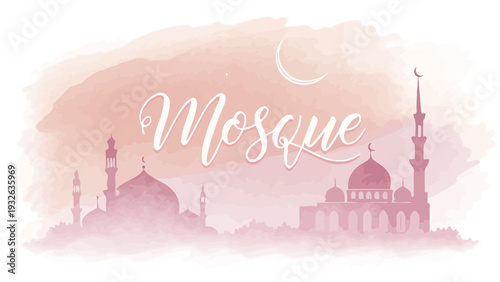 Beautiful mosque silhouette at sunset with crescent moon