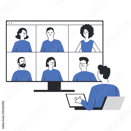 A person sitting at a desk participating in a remote team video conference call on a large computer monitor vector illustration.