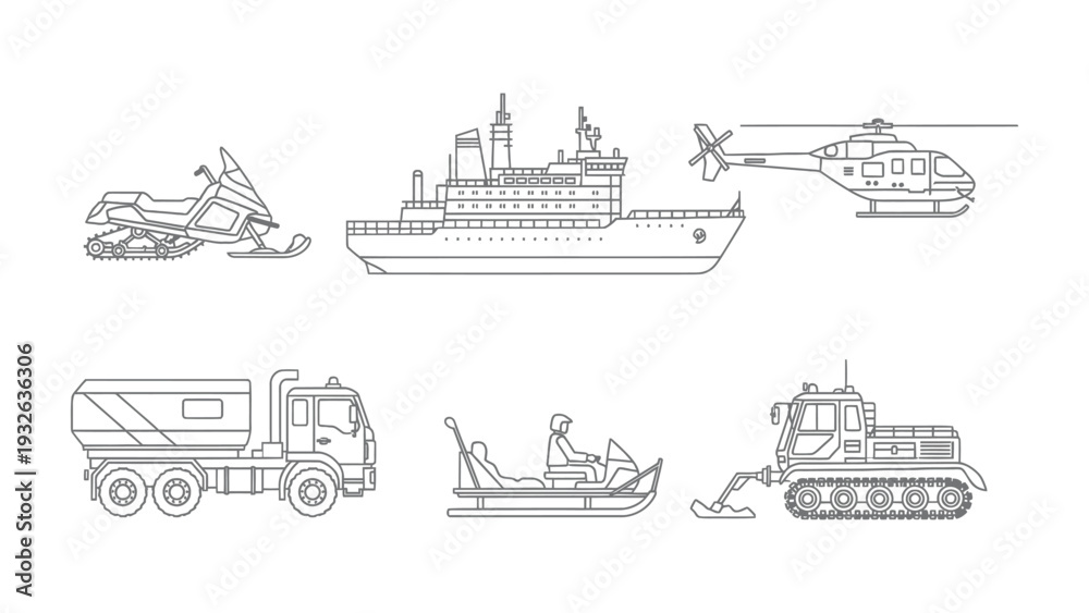 Fototapeta premium Transportation Modes: A detailed outline of a diverse array of transport methods, from a sleek snowmobile and a robust cargo truck to a passenger ship and helicopter.