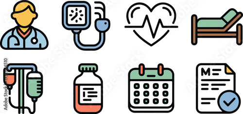 Healthcare graphics pack with stethoscope cardiac pulse monitor hospital bed and pharmaceutical bottle symbols.