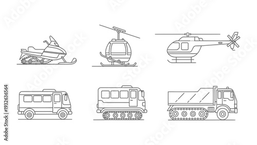 Diverse Transport Fleet: An array of transportation modes, ranging from snowmobile to dumper truck, illustrating diverse transport types. 