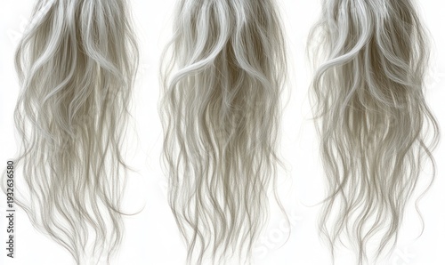 Three long silver wavy hair sections suspended against a white background, soft and ethereal mood
