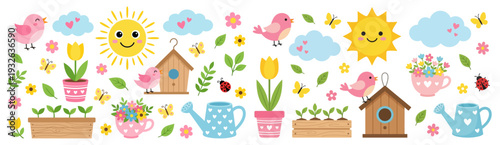 Cheerful spring scene featuring cute cartoon birds blooming flowers a sunny sky and gardening elements like birdhouses and watering cans all rendered in a charming illustrative style