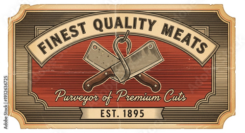 Vintage butcher shop sign featuring crossed cleavers and meat hook, finest quality meats.