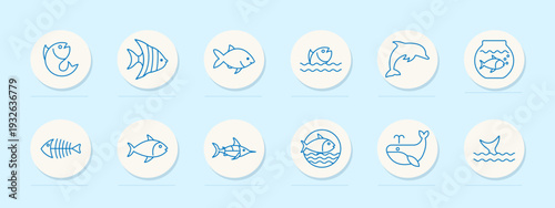 Marine life sea animals set icon. Blue outline badges, fish, angelfish, tuna, jumping fish, dolphin, aquarium bowl, fishbone, shark, swordfish, round fish emblem, whale, tail fin