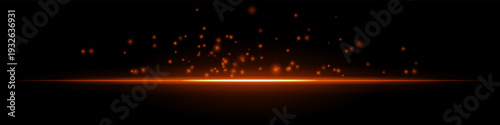 Orange glowing horizon particles composition. Bright horizontal light line, scattered spark dots above, radiant center, dark gradient backdrop, fiery atmosphere, floating embers, luminous glow texture