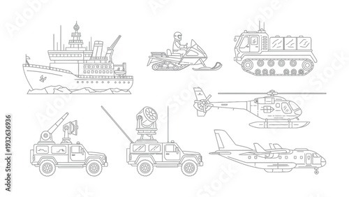 Military Vehicles in Action: A detailed illustration showcasing a fleet of military vehicles, each designed for a specific purpose in defense and security operations.