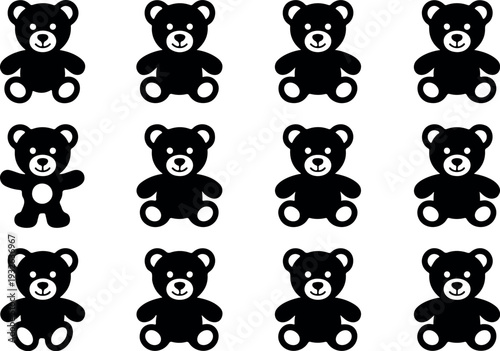 Set of Cute Teddy Bear Black Silhouettes in Various Sitting and Standing Poses, Isolated on White Background for Children’s Toy Shop Design
