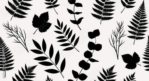 Seamless Black Botanical Leaf Silhouettes Pattern on Creamy Background