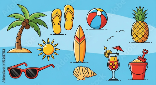 Collection of summer beach elements including palm tree, sunglasses, and pineapple.