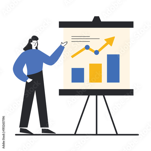 Professional businesswoman presenting a financial growth chart on a flipchart vector illustration.