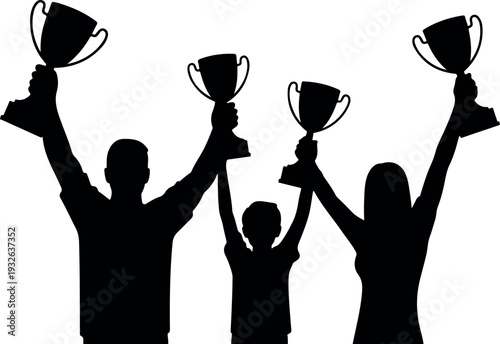 Family Silhouettes Raising Trophies in Celebration, Parents and Child Holding Award Cups for Success, Achievement, and Winning Together