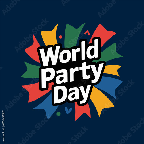 A colorful burst design announces world party day with vibrant shapes and bold white text