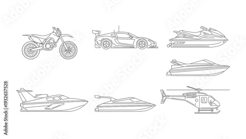 Transportation Array: Diverse line art of vehicles, each rendered in meticulous detail. From the rugged motorcycle to the sleek helicopter.