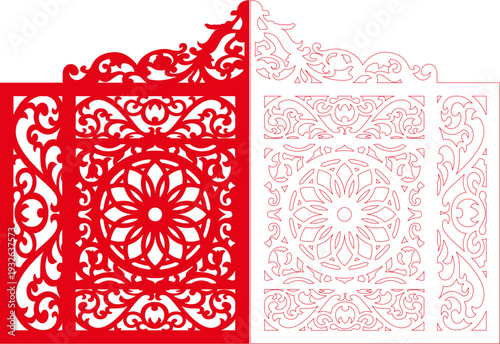Traditional Chinese Red Wood Carving Pattern, Geometric Floral Fretwork Design Vector