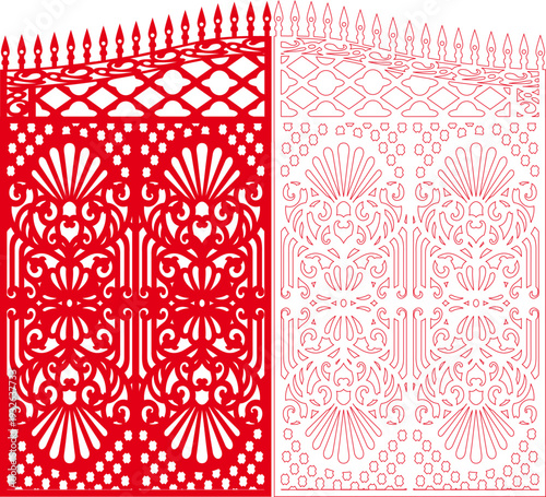 Red Art Deco Fan Shell Laser Cut Panel with Vintage Floral Vertical Stripe Ornamental Pattern - Vector Stencil Template