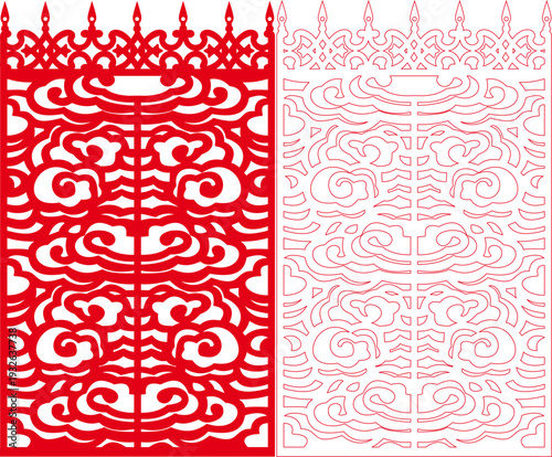Red Symmetrical Chinese Taotie Cloud Dragon Face Laser Cut Panel with Traditional Asian Scroll Border Pattern - Vector Stencil Template